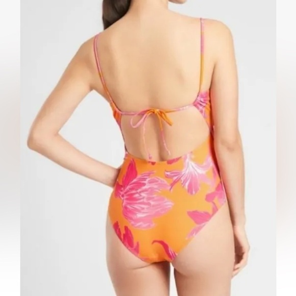 Athleta Kailua Moore Cutout Swim Bathing Suit One Piece Orange Pink Floral - Picture 2 of 6